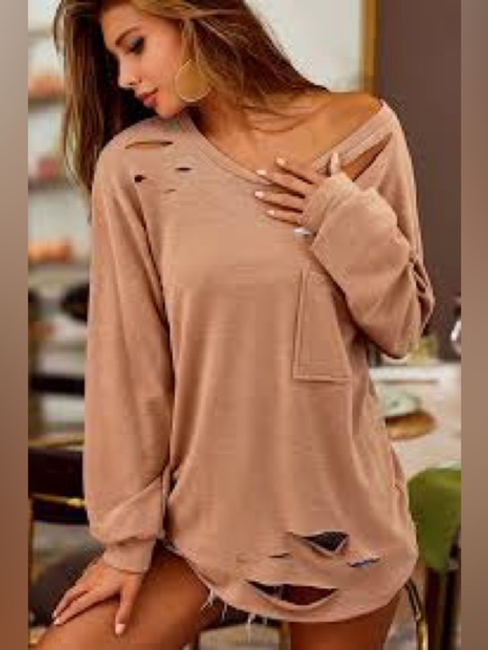 Distressed Long Sleeve Tee Shirt Tan Camel Ripped Cutout Pocket Tunic Fall